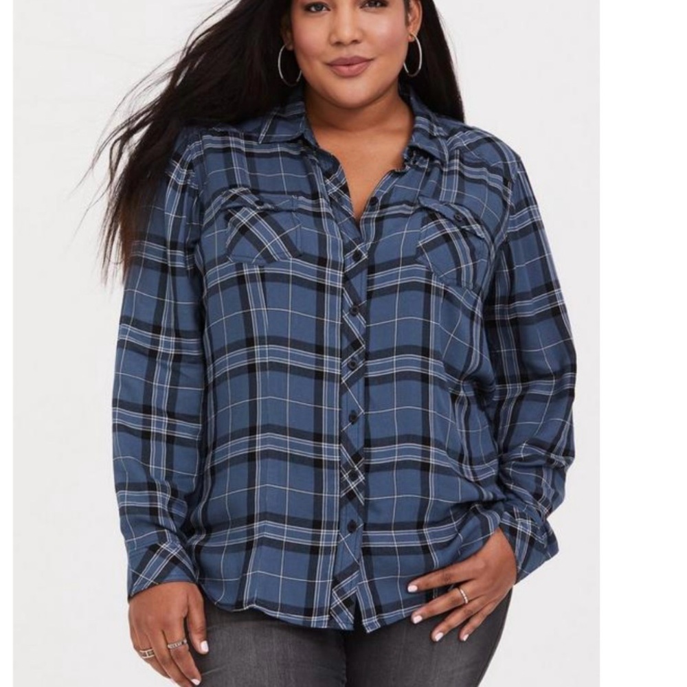 Torrid Blue Plaid Challis Button Down Long Sleeve Twill Camp Shirt Size 1X